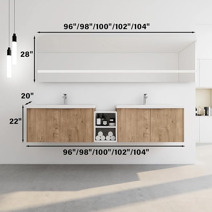 102IN Bathroom Vanity with Double Sink, Modern Solid Wood Floating Bathroom Sink Cabinet, Anti-Fog Mirror, Smart Storage Solutions, Waterproof Design, Open Shelving for Easy Access