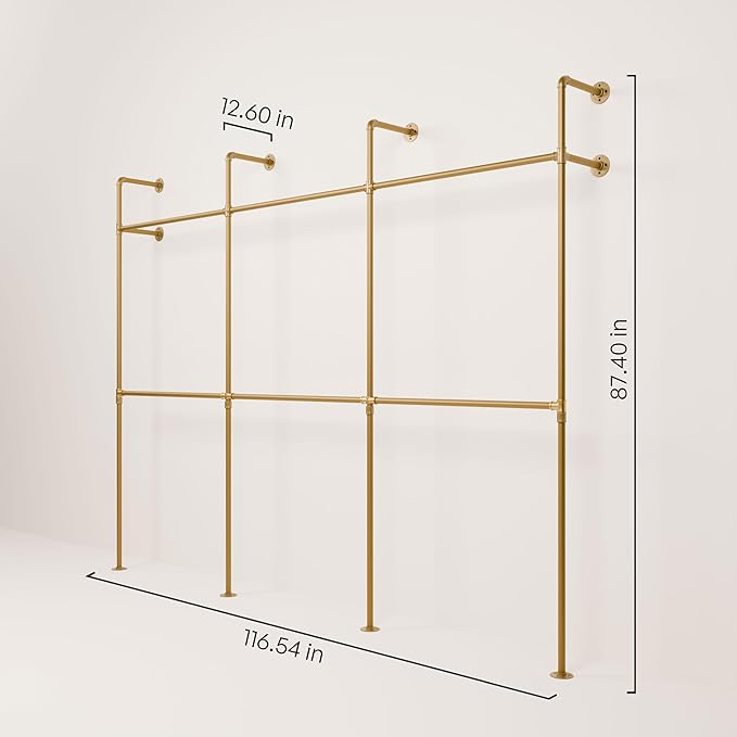pamo Industrial Clothing Rack Wall Mounted Gold – 117" W × 87" H, 880 lbs | Heavy Duty Pipe Closet System in Gold Powder Coated Steel, Scratch-Resistant, Double Rod, Easy Assembly