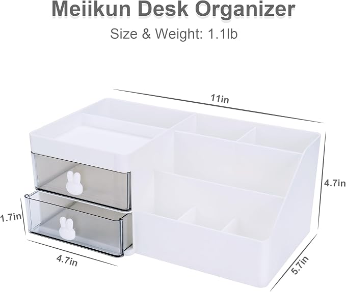 Meiikun Desk Organizer, Makeup Organizer with 2 Drawer, 7 Compartment & a Top Tray, Desktop Organizers and Storage for Women, Cute Home organization Bathroom, 11" x 5.7" x 4.7" (White)