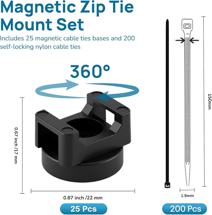 225-Pc Magnetic Cable Ties Set,Magnetic Zip Tie Mounts & Cable Ties | Magnetic Wire Holder, 25 Magnetic Cable Holders & 200 Zip Ties, Magnet Cable Tie Mounts for Cables, Wires, Cords, Hoses-22 mm