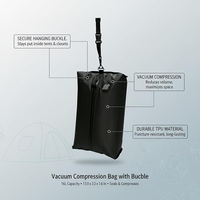 16L TPU Vacuum Compression Bag with Hanging Buckle, Manual Air Removal Storage Sack for Sleeping Bags & Travel Gear, Black