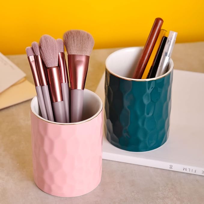 WHJY Ceramic Pink Pencil Cup, Makeup brushes Holder, Gold Pen Holder for Desk Cute Small Boho Brush Holder, Modern Geometry Design Pen Holder