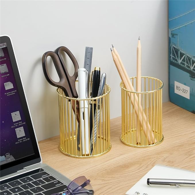 2 Sets Metal Pen Holder for Desk, Makeup Brushes Cup Holder, Pencil Holders, Pen cup, Home and Office Organizer, Gold