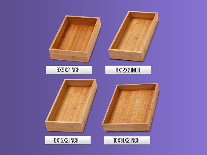 YBM Home Bamboo Drawer Organizer Storage Box for Kitchen Drawer, Junk Drawer, Office, Bedroom, Children Room, Craft, Sewing, and Bathroom, 2 Pack 6x15x2 inch