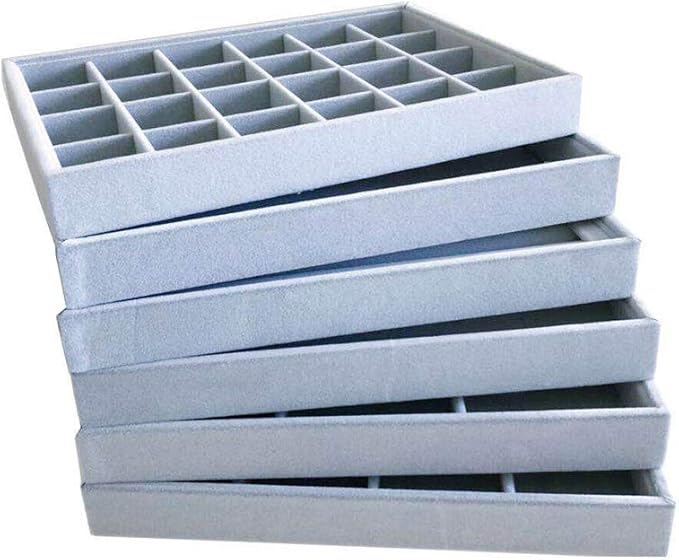 Grey Velvet Stackable Organizer Premium Grade Fabric Soft Protection for Jewelry Collection Removable Rearrangeable 12-Grid Drawer Divider Small Space Storage Ring Necklace Earring