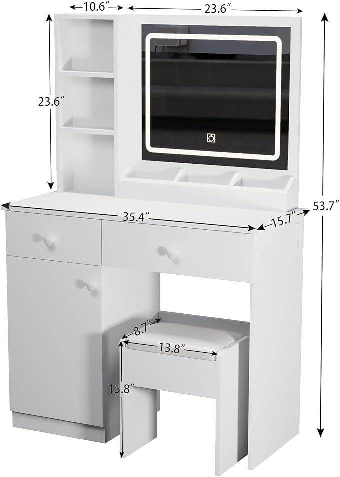 Makeup Vanity Desk Set with LED Lighted Mirror & Power Outlet, Makeup Vanity Table with 2 Drawers,1 Cabinet, Storage Bench,for Bedroom, Bathroom