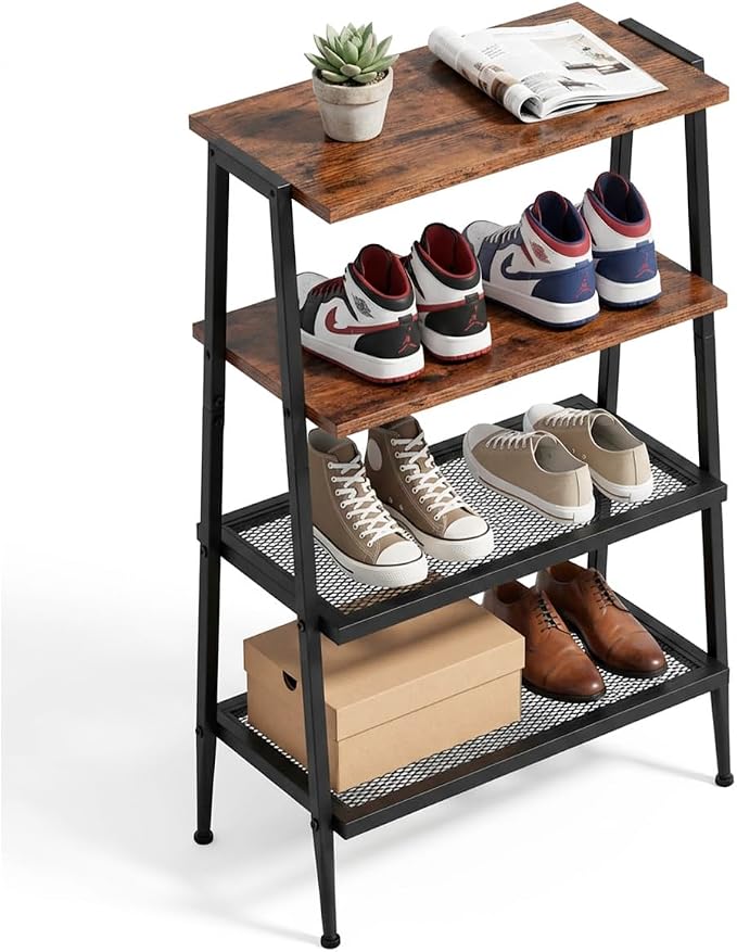 A-Shaped Shoe Rack for Entryway, 4-Tier Heavy-Duty Shoe Organizer | Wooden Top, Mesh Shelves, Space-Saving Shoe Storage Shelf, 25.28"H, Holds 8 Pairs, for Bedroom, Hallway, Garage,Rustic Brown