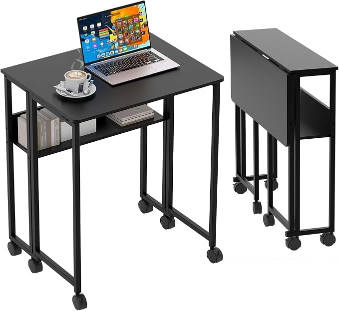 Folding Desk Small Rolling Desk with Storage Shelf,24.8 Inch Foldable Computer Table with Wheels,Portable Office Desk for Small Space Sofa Table,Easy to Fold,Writing Work Office Computer Desk,Black