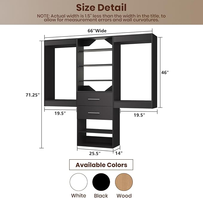 ROOMTEC Modular Closet System, 66" Wall Mounted Closet Organizer with Hanging Rods and Drawers, Wooden Tower for Walk-In Closets, Wardrobe Storage Kit, Black