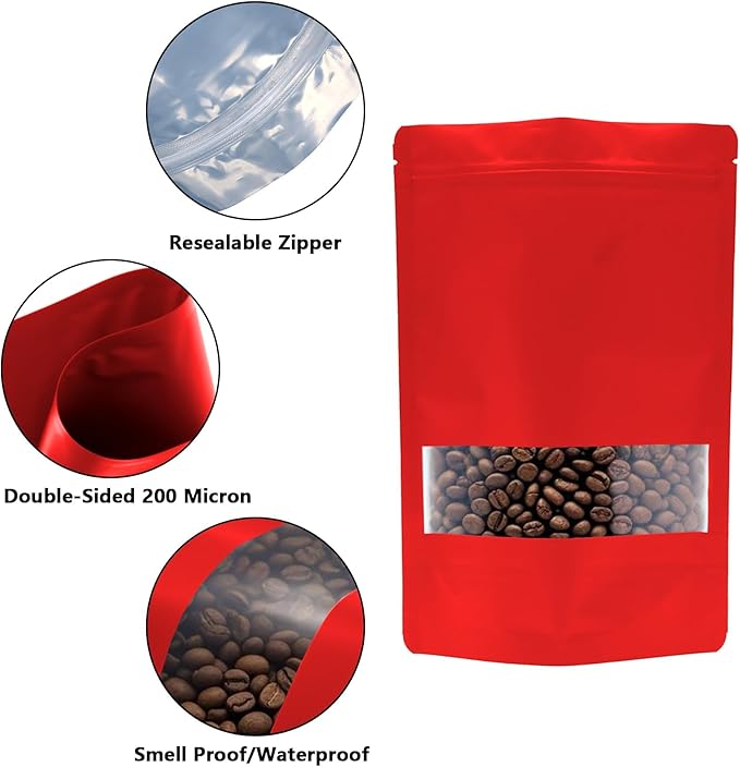 100PCS Foil Pouch Mylar Bags with Clear Window,ULIFESTAR Stand Up Sealable Bags with Tear Notches,Resealable for Food,Party Favors,Gift Packaging and Small Business(10 * 15cm/3.94 * 5.91",Red)
