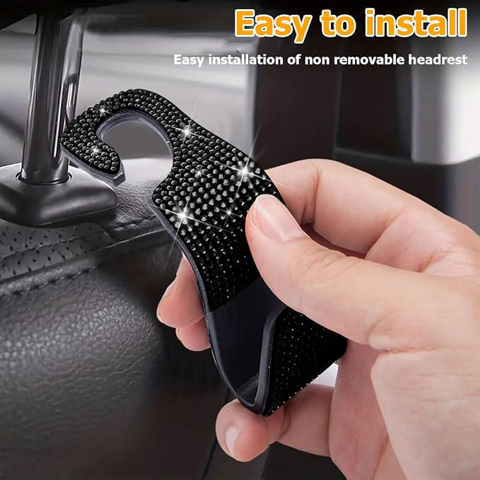 Zpana 4PCS Bling Car Seat Headrest Hooks, Vehicle Back Seat Purse Handbag Hanging Holder with Crystal Rhinestone, Diamond Storage Organizer Hook, Universal Automotive Accessories (Black)