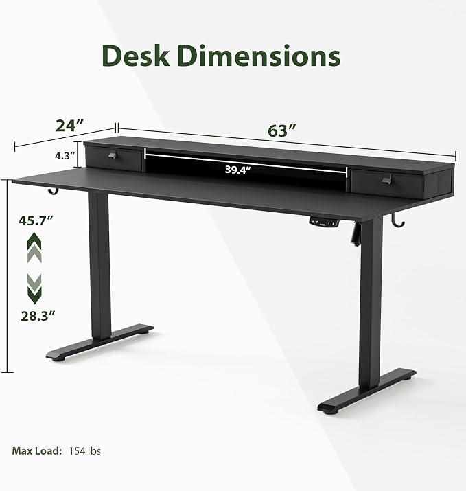Agilestic 63 x 24 Inches Electric Standing Desk with 2 Storage Drawers, Stand Up Desk Adjustable Height, Sit and Stand Computer Table with Splice Board, White