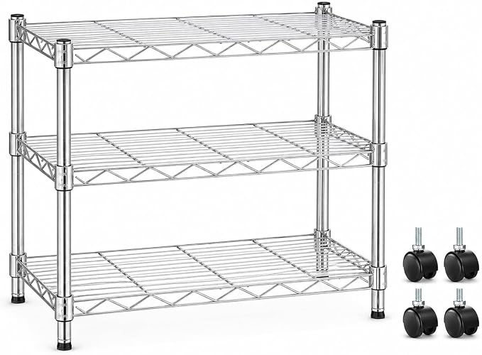 Simple Deluxe 3-Tier Storage Shelves, 750 Lbs Loading Capacity, 24.02" W x 13.78" D x 21.97" H Shelving Unit for Garage, Pantry and Kitchen, Chrome