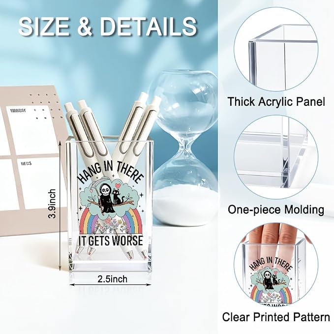 Hang In There It Gets Worse Acrylic Makeup Brush Pencil Holder Cup, Funny Grim Reaper Black Cat Pen Holder For Friends HR Nurse, Dark Humor Funny Office Gifts for Coworkers, Mental Health Gifts