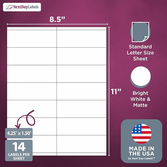 NextDayLabels 4.25x1.5 Inch Rectangle Stickers White Blank Labels for Laser Inkjet Printer - 14 Per Sheet Self-Adhesive Unique Size Label Made in USA - 700 Labels