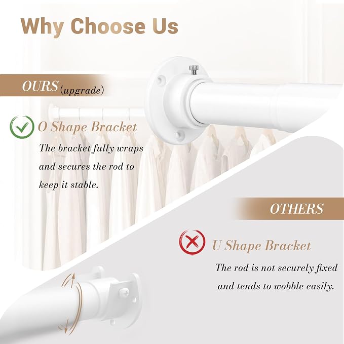 Closet Rod Adjustable 17-68”, Heavy Duty Hanging Clothes Rod, White | 1-1/4” Diameter, Stepless Metal Closet Bar, Wall-Mounted, For Hanging Clothes, Walk-In Closet, Wardrobes, Laundry Room, RV