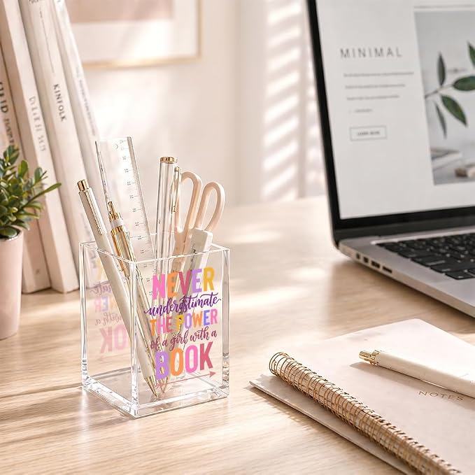 Never Underestimate The Power Of A Girl Acrylic Pencil Holder Cup | With A Book, Inspirational Desk Accessories for Book Lover, Bookmark Holder Gifts for Women Librarian Teacher Bookish
