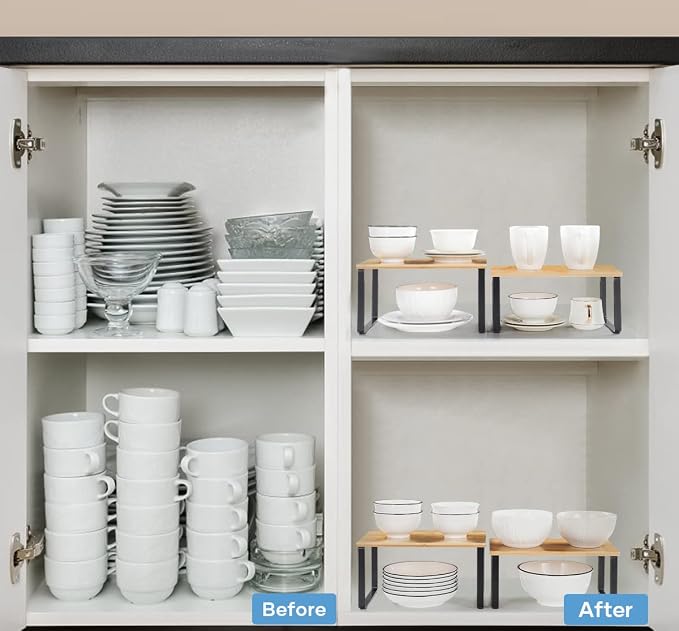 MOOACE Kitchen Cabinet and Counter Shelf Organizer, Stackable & Expandable, Set of 4, Black and Natural | Stackable & Expandable Spice Rack, Space-Saving Pantry Organizers Bathroom Countertop Storage, Natural and Black