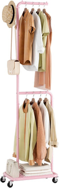 Small Rolling Clothing Rack with Shelf, Narrow Clothes Rack with Wheels | Gasvadivum 71" Tall Sturdy Metal Garment Rack with Hanging Rod, Freestanding Portable Coat Rack for Bedroom, Entryway, Pink