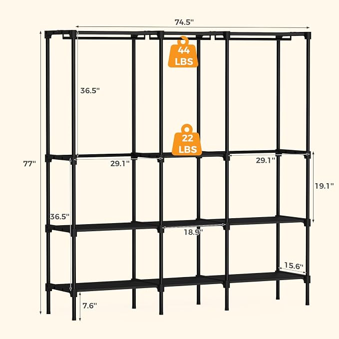 OLIXIS Heavy Duty Clothes Rack, Portable Wardrobe Closet, 75" L, Black | Freestanding Closet Organizer with Hanging Rods, Clothes Rack with Shelves, for Cloakroom, Bedroom