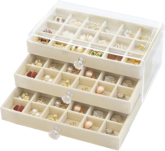 SPAKOWN Earring Box Holder Organizer Display Case | Clear Velvet Jewelry Storage Tray Organizer for Earring Ring Stud (Beige - 3 Drawers)