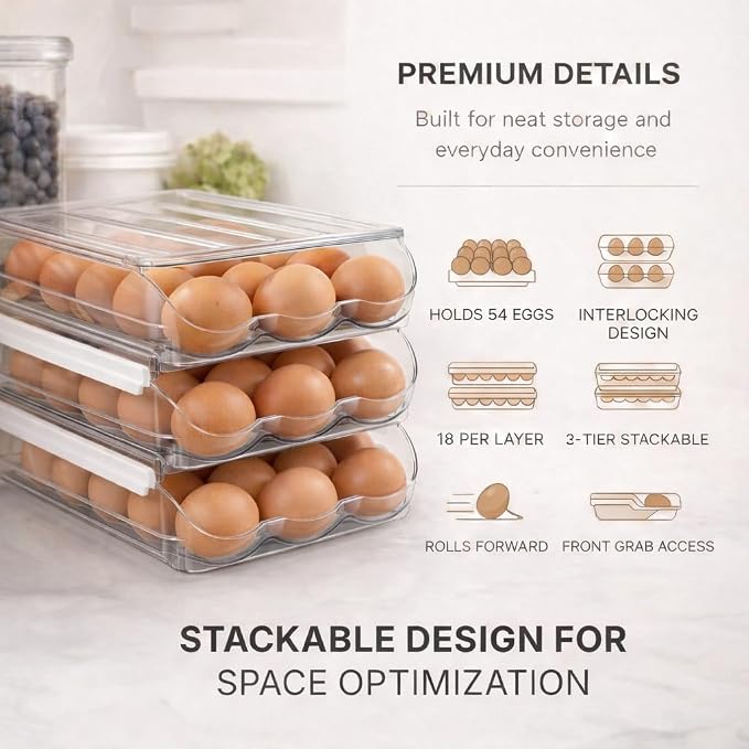Egg Holder for Fridge with Rolling Auto Dispense, Egg Dispenser for Refrigerator, Stackable Egg Organizer for Refrigerator, Holds 54 Eggs, Clear Space Saving Storage Container for Kitchen Use
