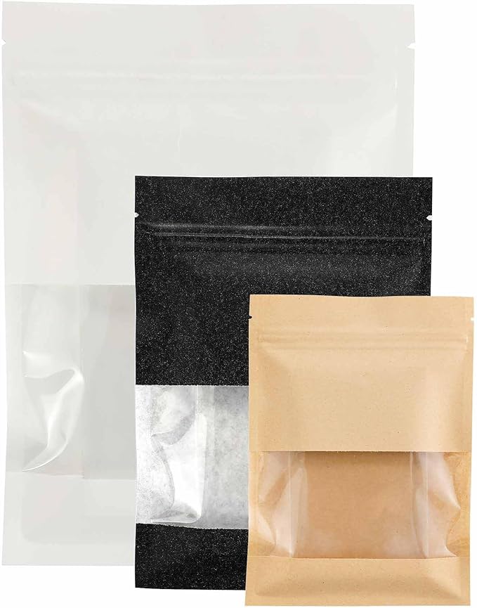 100PCS Resealable Kraft Paper Packaging Bags with Clear Window, Food Grade Heat Sealed Zipper Pouches for Coffee, Tea, Nuts, Snacks, Cookies (Black, 13 * 18CM/5.0"*7.1"-100PCS)