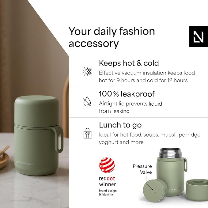 LARS NYSØM Stainless Steel Vacuum Insulated Food Jar - Leakproof Lunch Pot & Lunch Jar for Hot and Cold Food, Wide Mouth, Portable Soup Container for Work & Travel (Sage Green, 24oz)