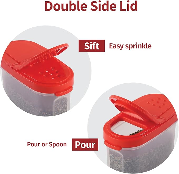 SIGNORA WARE Spice Jars with Lids - 4 oz Refillable Empty Airtight Spice/Seasoning Containers Set -2 in 1 Pour/Sift Shaker Lids Clear Plastic Spice/Seasoning Organizer Kitchen/Travel 4 pk.Red