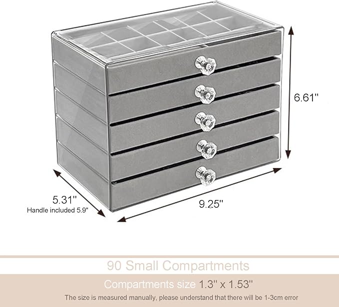 SPAKOWN Earring Box Holder Organizer Display Case | Clear Velvet Jewelry Storage Tray Organizer for Earring Ring Stud (Grey - 5 Drawers)