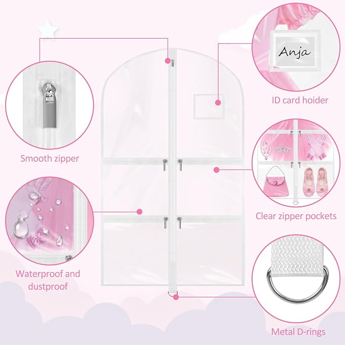 Garment Bags for Dance Costumes - 40 Inch Clear PVC with 5 Zipper Pockets (White) - Kids Dance Garment Bag for Dancers, Hanging Clothes Storage, Competitions & Travel