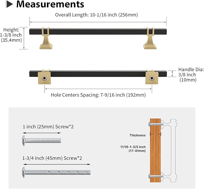5 Pack 7-1/2 inch(192mm) Black and Gold Cabinet Pulls Kitchen Cabinet Handles, Black and Gold Cabinet Handles Square Dresser Drawer Pulls Black Kitchen Cabinet Hardware