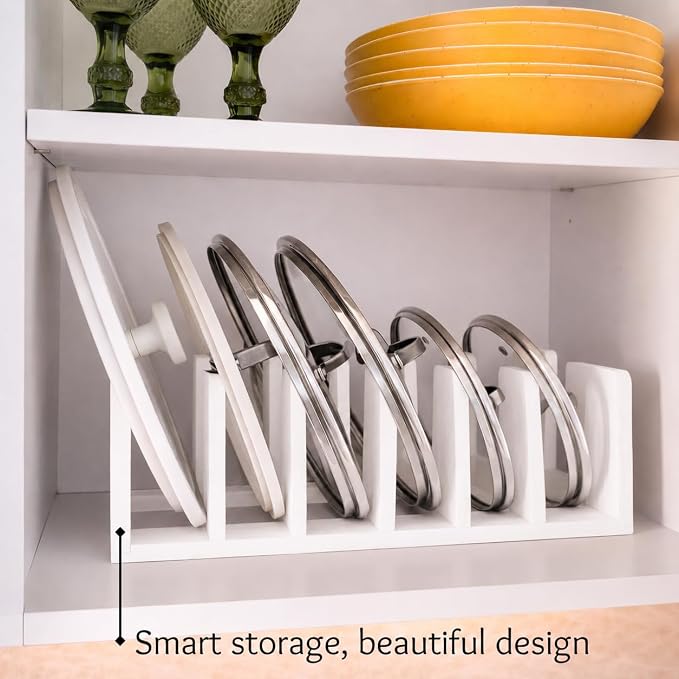 Pot Organizers Inside Cabinet – Pot Lid & Plate Rack for Cabinet, Multi-Use Storage for Lid Organizer Inside Cabinet - Cutting Boards, Baking Sheets & Trays - Fits Under Cabinet or Drawer (White)