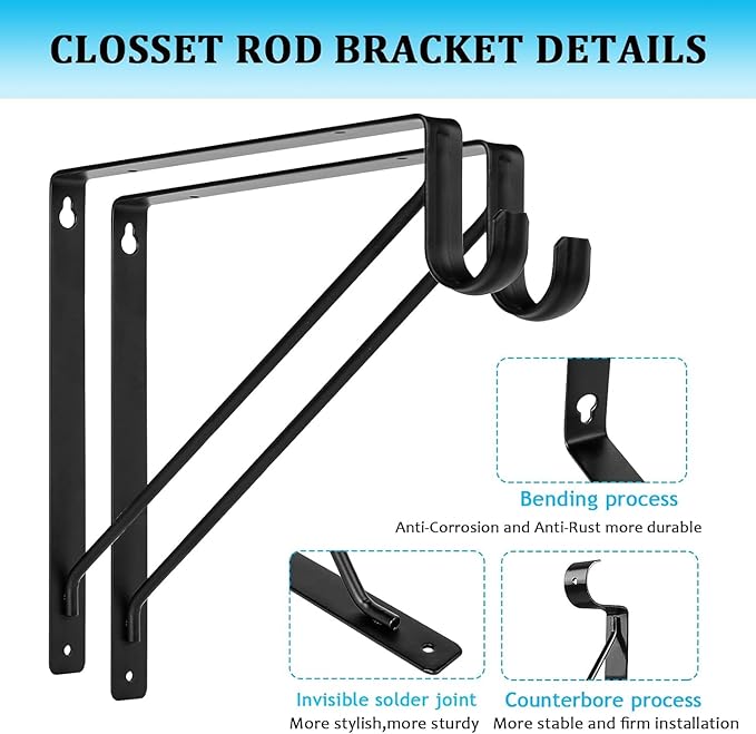 6 PCS Heavy Duty Closet Rod Bracket, 11 x 11 Inch Closet Shelf Brackets,Supports 300 lbs,Wall Mount Closet Rod Supports Bracket Hook with Screws, Closet Rod Holders for Home and Closet Decor(Black)