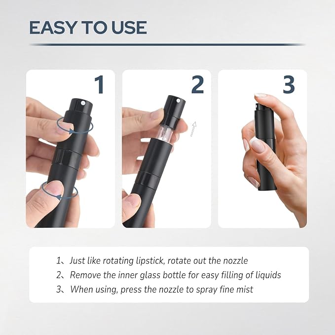 Fusupak Perfume Atomizer Travel Bottle Refillable: Cologne Sprayer Portable for Men - Mini Spray Empty for Refill - 8ml Small Size Black Pink Silver