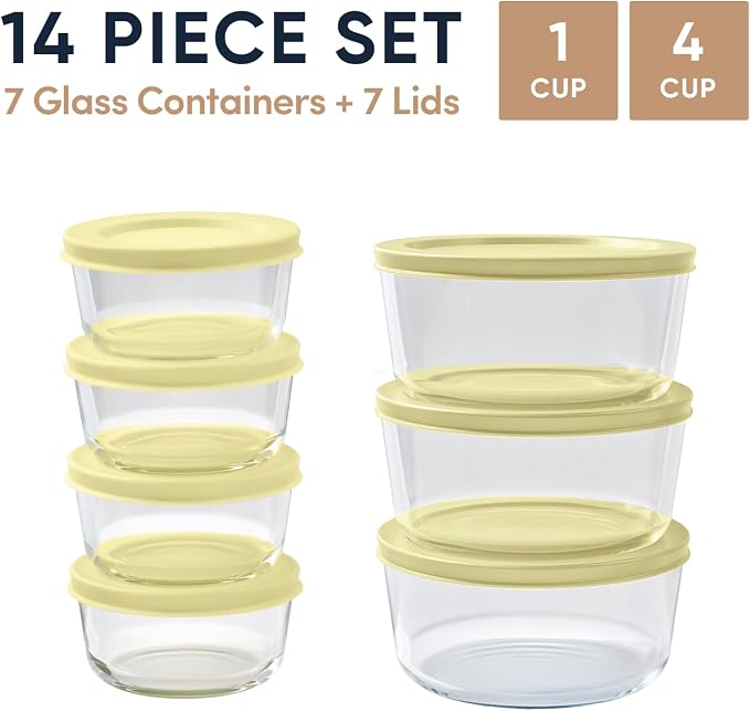 14-Piece Glass Food Storage Containers Set (7 Containers + 7 BPA-Free Lids) | 1-Cup & 4-Cup, Leakproof | Microwave, Freezer, Oven & Dishwasher Safe | Ideal for Meal Prep & Pantry Organization, Yellow