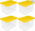Large Industrial Storage Bins with Lids, 27 Gallon Clear Plastic Tote for Garage & Basement, Heavy Duty Stackable Totes for Storage and Organization, Yellow, 4-Pack