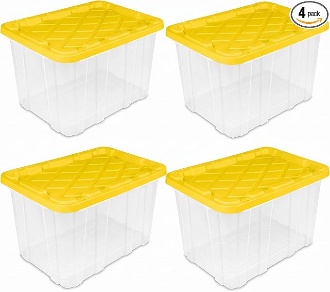 Large Industrial Storage Bins with Lids, 27 Gallon Clear Plastic Tote for Garage & Basement, Heavy Duty Stackable Totes for Storage and Organization, Yellow, 4-Pack