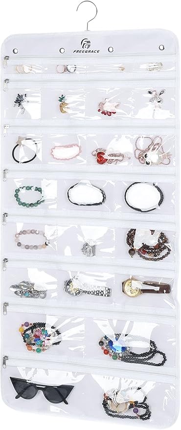Freegrace Hanging Jewelry Organizer with Secure Zipper Closure - 360° Revolving Hanger, 25 Clear Pockets, 23 Necklace Hooks - Foldable Travel Storage & Closet Display (White)