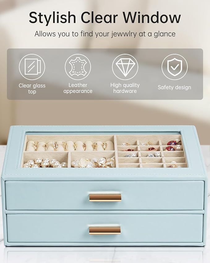AKOZLIN Jewelry Box with Clear Lid Functional Leather Jewelry Storage Organizer Case 2 Drawers for Women Girls Necklace Ring Bracelet Earring