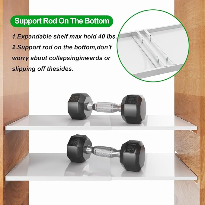 Slideep Adjustable Closet Storage Shelves, Expandable Wardrobe Shelf with Seamless Sticker Heavy Duty Clothes Hanger Rack DIY Divider RV Separator for Cabinet Pantry Cupboard Kitchen, 2Pack
