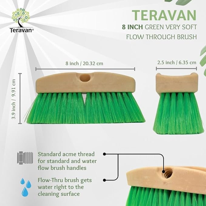 Teravan Green Flow Through Essential Flagged-End Brush Head, 8-Inch | Extra Soft Bristle Brush for Gentle Car Wash, RV, Boat, Window & Floor Cleaning, Compatible with Pole Handle