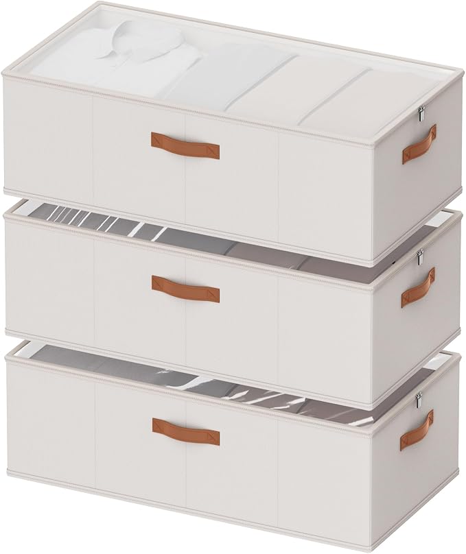 10inch 3 Pack Under Bed Storage Containers, 10 Inch Tall Underbed Clothes Storage Organizer Bin with Clear Window，Foldable Box Basket for Clothes, Closet, Bed Sheets and Blankets White