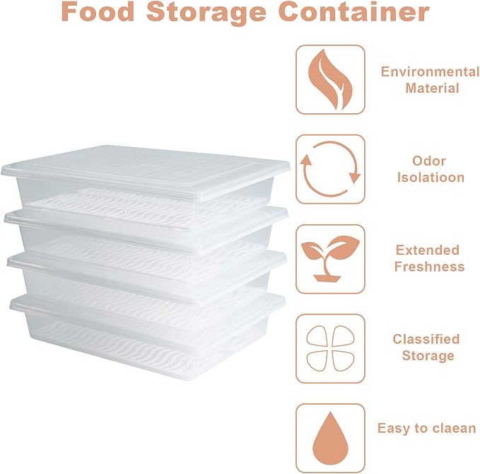 4PCS Food Storage Container, Plastic Food Containers Large | [With Removable Drain Plate and Lid], [Stackable Portable Freezer Storage Containers]-Tray to Keep Fruits, Vegetables, Meat