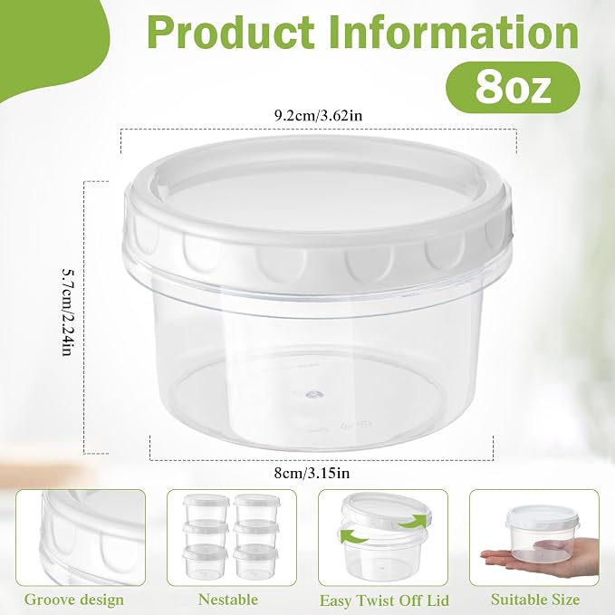 Sieral 6 Pack 8 oz Freezer Containers with Lids Reusable Deli Freezer Storage Containers Stackable Plastic Thick Twist Top Jars for Takeout Food Round Wide Mouth Lunch Snack (White)