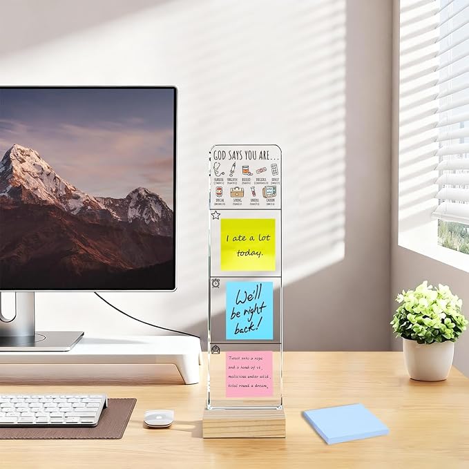 Sticky Note Holder, Monitor Memo Board, Acrylic Post It Note Holder with Wooden Base, Includes 100 Notes, Religious Nurse Desk Organizer, Christian Nurse Quote “God Says You are”