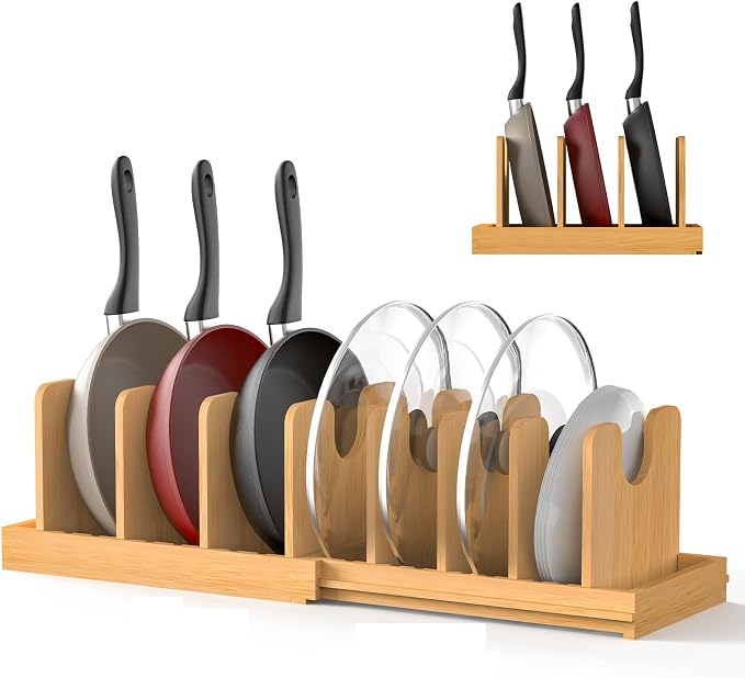 Pots and Pans Organizer under Cabinet,Pot and Pan Organizer,Lid Organizer | Expandable Bamboo Pan and Lid Organizer, 16" to 28" Adjustable Length and 10 Dividers