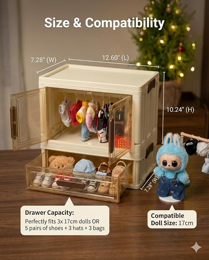 All in One Organize Kits Wardrobe Compatible with Labubu, Include Hangers,Clothes Rack &Stand, Display Case for Outfit Storage and Accessories Arts and Crafts Supplies,Closet Furniture Organizer