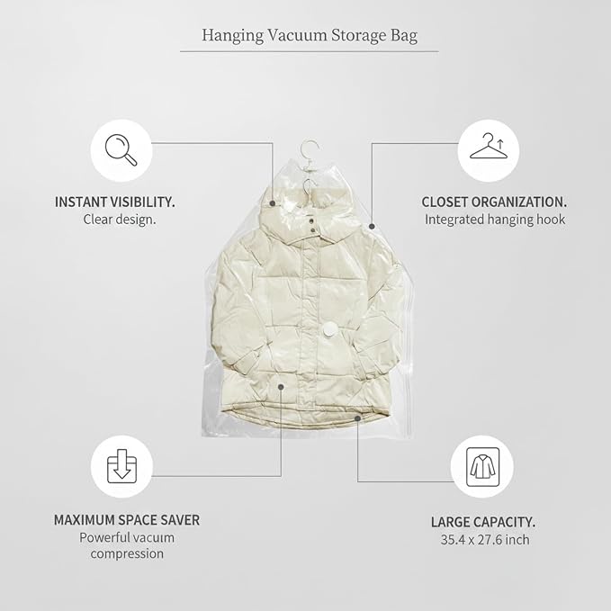 Clear Hanging Vacuum Storage Bag with Hook, Space Saver for Coats & Comforters, 35.4 x 27.6 In, Reusable Closet Organizer (1 Pack)