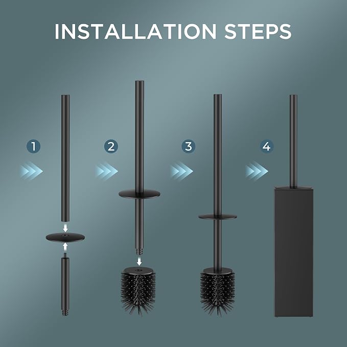 FORIOUS Toilet Cleaner Brush,2 Toilet Bowl Brush Head Square Tall Black | Heavy Duty 304 Stainless Steel Base, Silicone and Plastic Brush Heads, Long Handle for Deep Cleaning, Drip-Proof